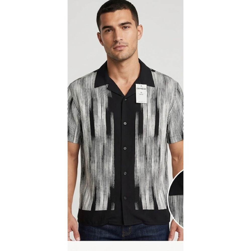 NWT Men's Express Button Down Casual Shirt Black & White Short Sleeve Rayon  XL